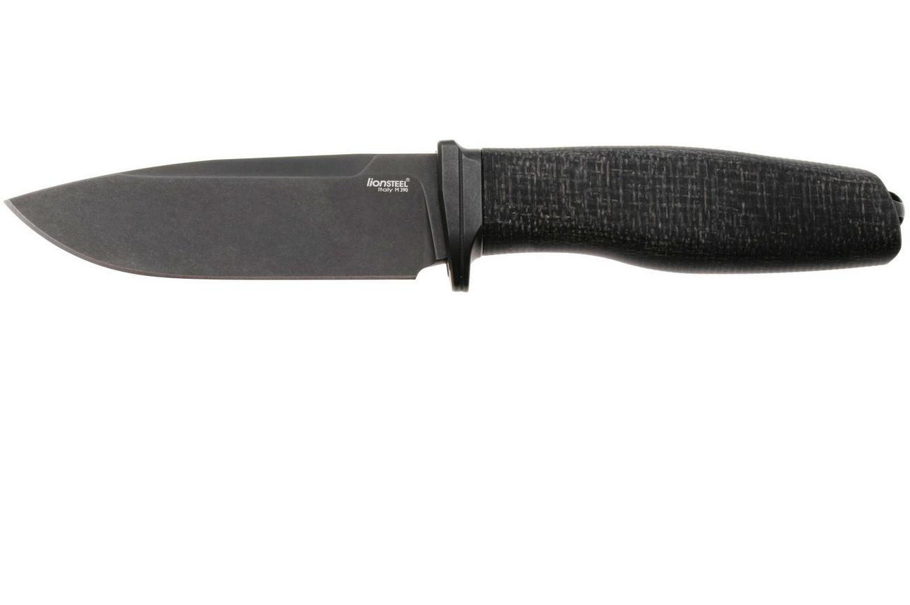 LionSteel Acha AH B BLB Blackwashed M390, Black Burlap Micarta, Black Titanium Guard, vaststaand mes