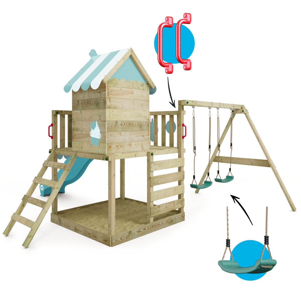 WICKEY Smart Candy speeltoren klimtoestel met schommel en glijbaan, boomhut met zandbak, klimladder en speelaccessoires – pastelblauw