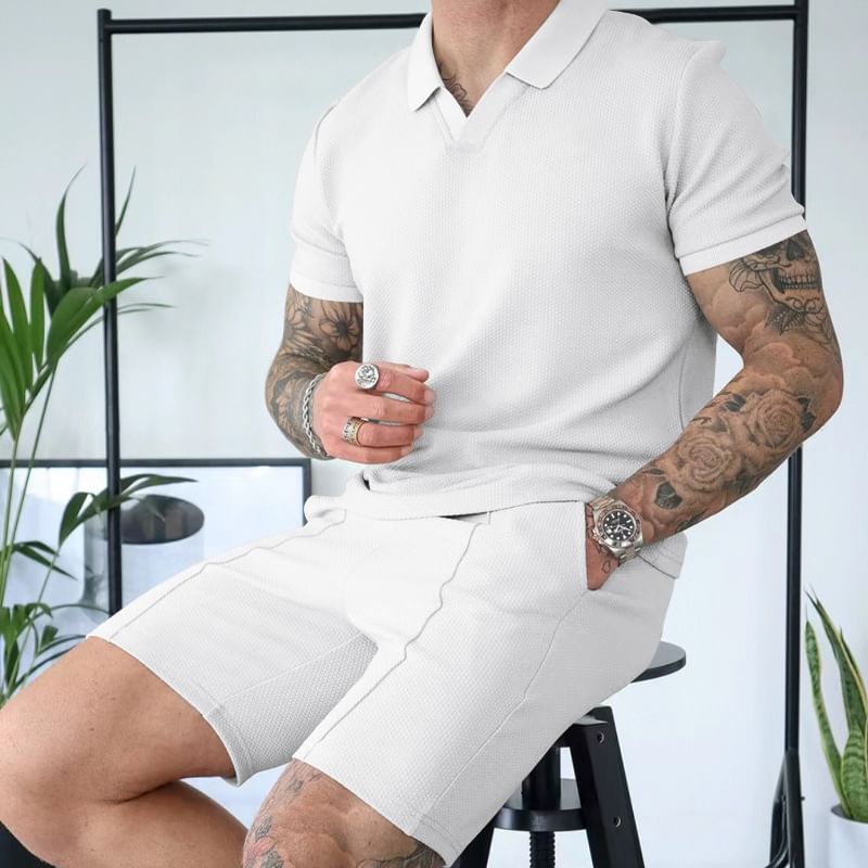 Dubbel Wit - Set: Effen top met korte mouwen en kraag + shorts