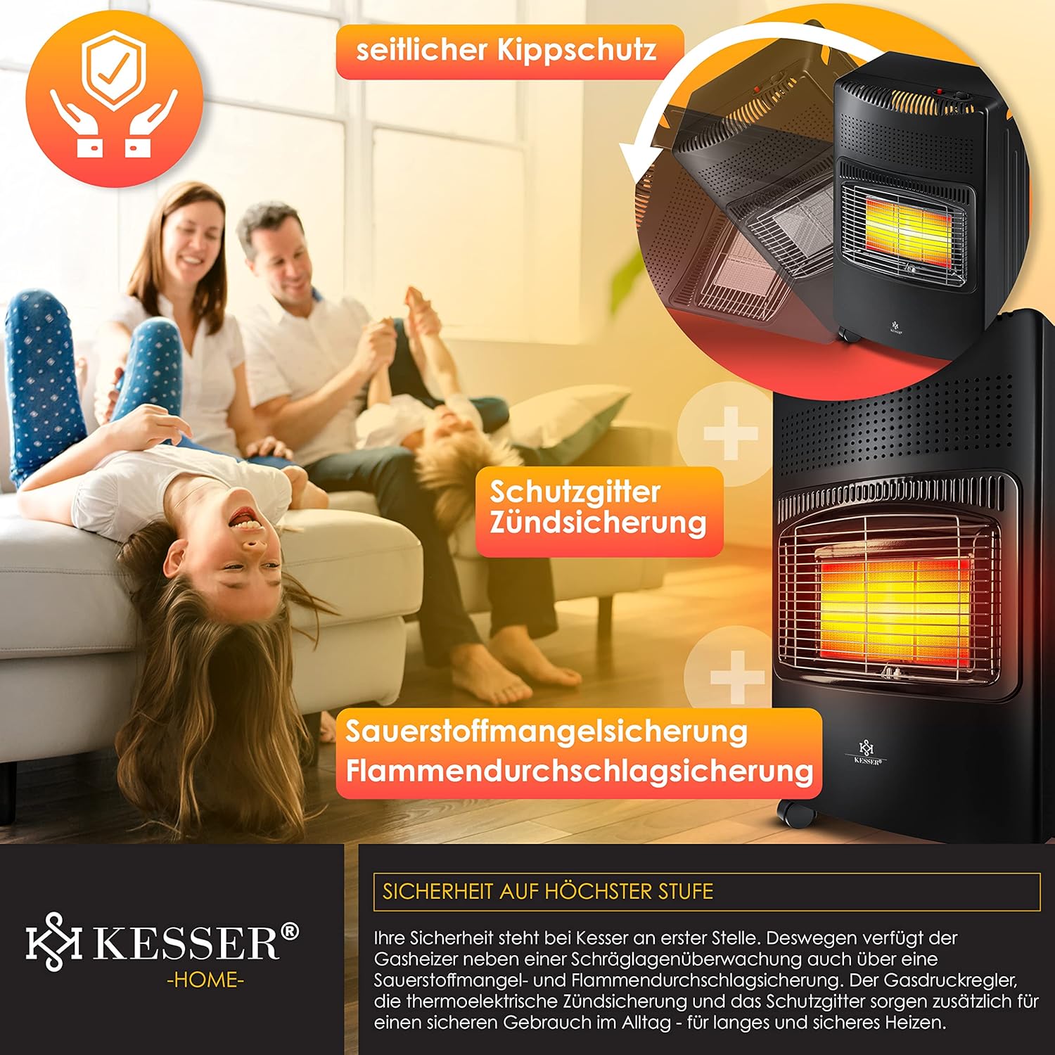 KESSER® 4200 Watt Keramik Piezo Gasheizer inkl. Gasdruckregler Gasschlauch + Schutzhülle, Gasheizofen Heizstrahler Gasheizgerät Infrarot Keramikbrenner, Butan- oder Propangasflaschen bis 15kg, Schwarz