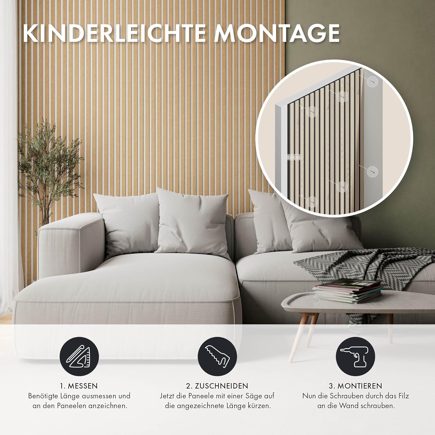 Momento 5 Stück Akustikpaneele Holz 240x50 cm - Made in Germany - Eiche Natur - Wandverkleidung Innen Wandpaneele Holzoptik - 3D Lamellenwand Paneele - Akustik Holzpaneele Wand Holzverkleidung Panel