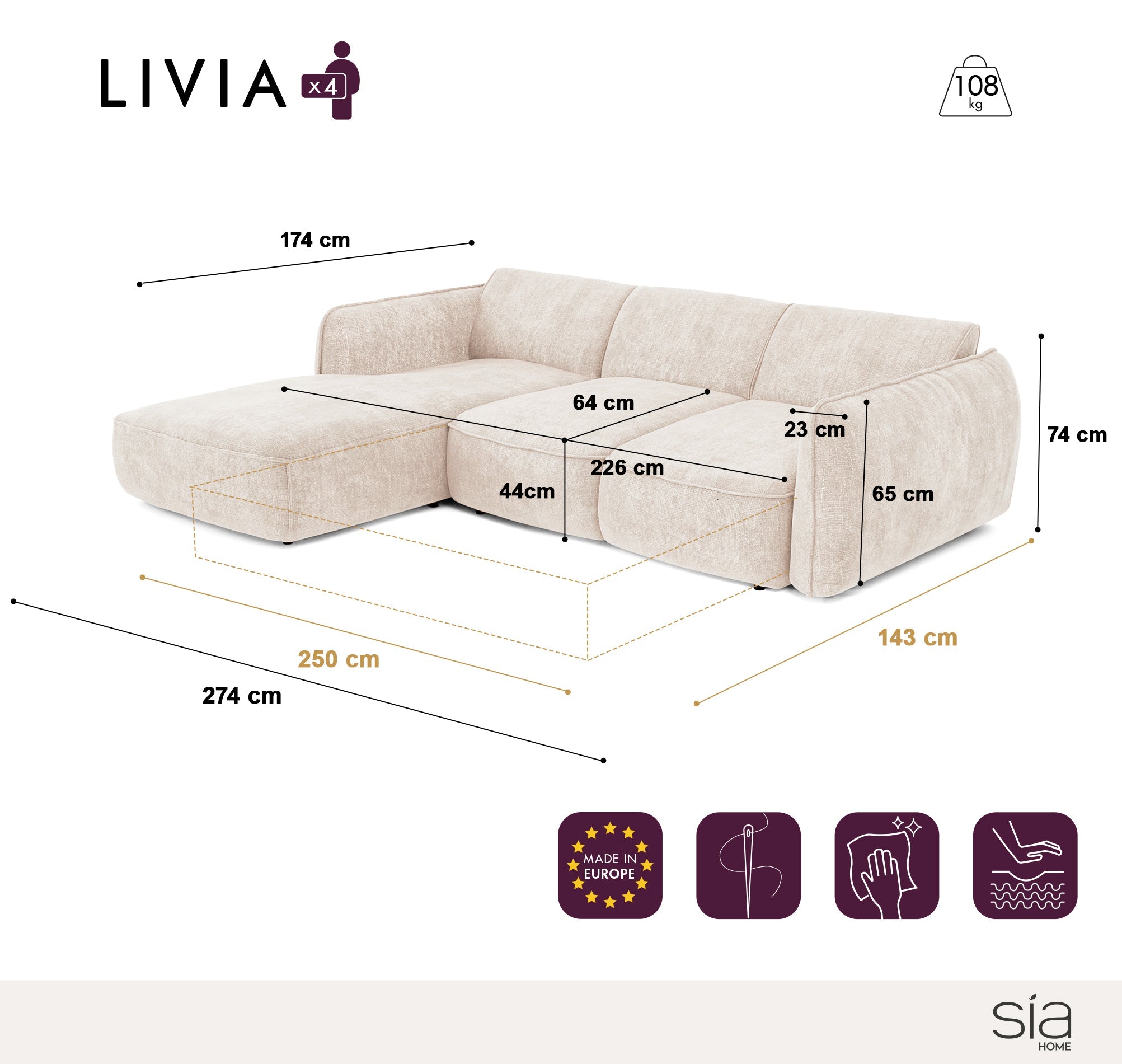 Rechte hoekbanken LIVIA 4 personen Bouclette stof Beige