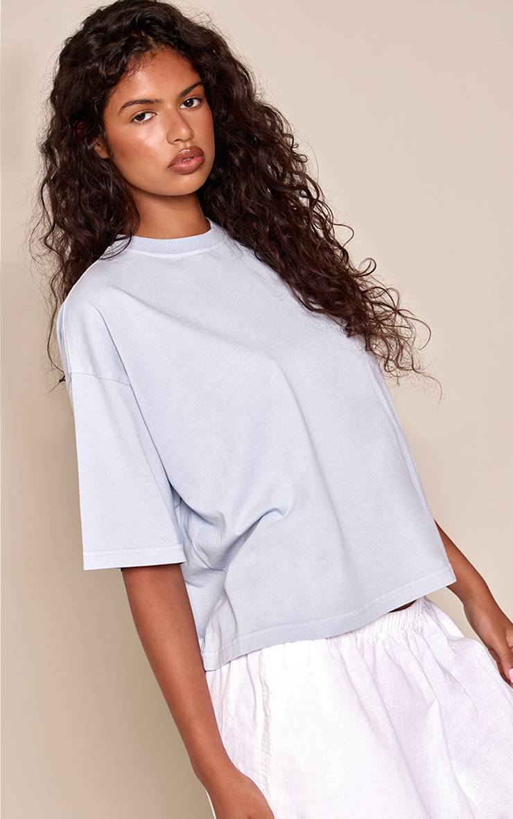 Bleu T-shirt Oversize En Coton Délavé À L'acide