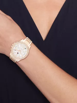 Relógio com mostrador em cristal dourado rosê
