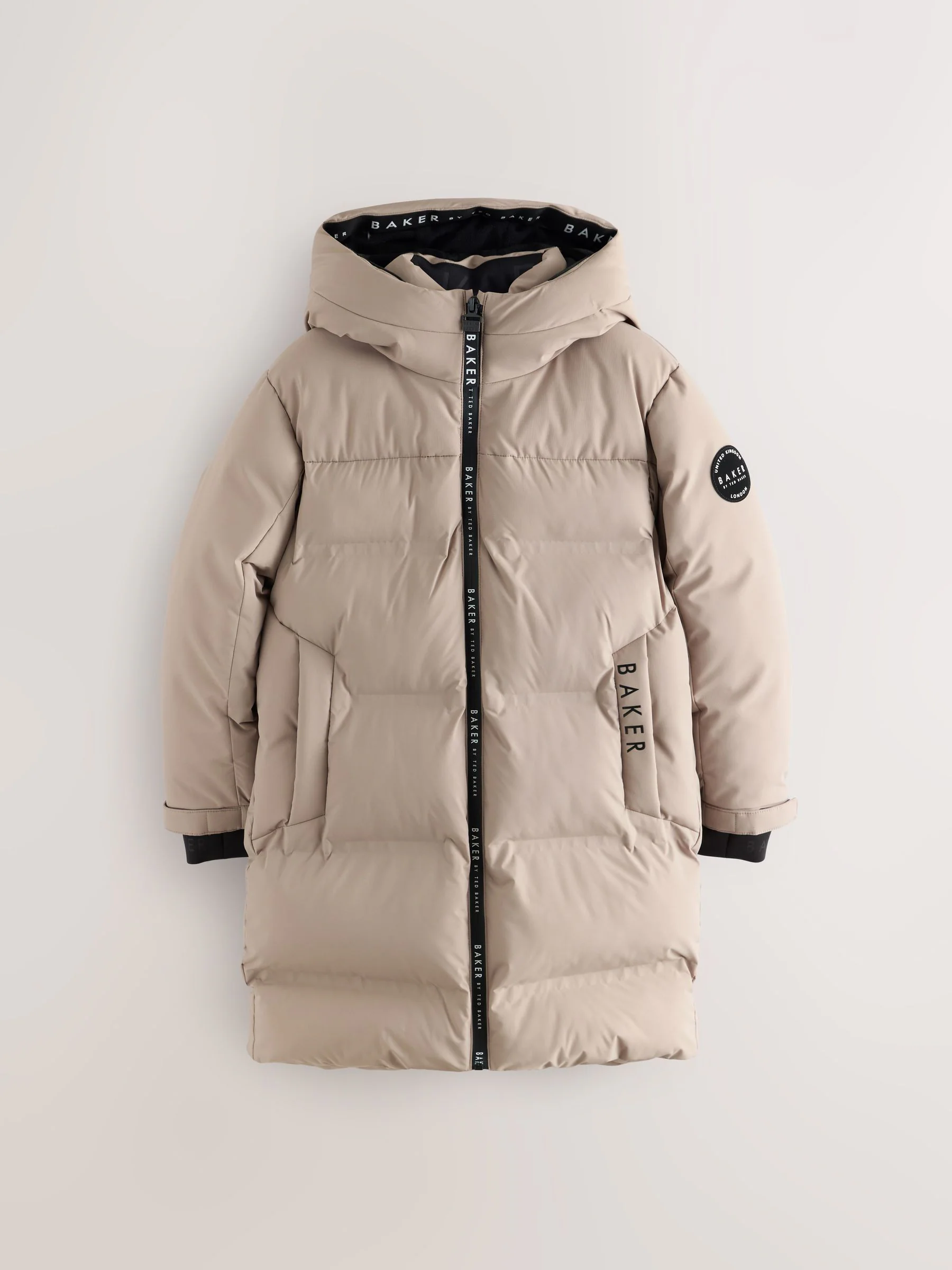 Baker by Ted Baker Baker by Ted Baker regenbestendige lange gewatteerde jas in stone