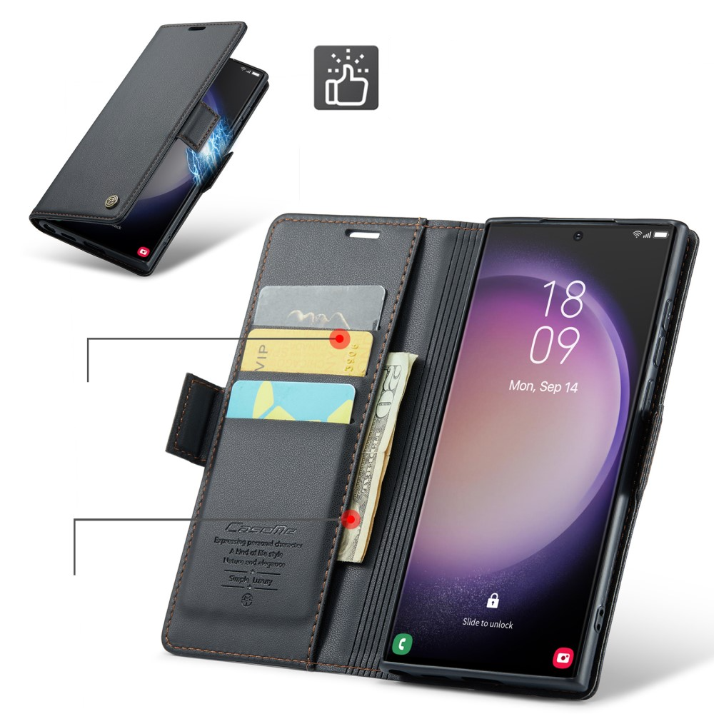 Samsung Galaxy S23 Ultra 5G Leder Tasche Flip Wallet Etui mit Kartenfächern Litchi Look (RFID Schutz) - Schwarz