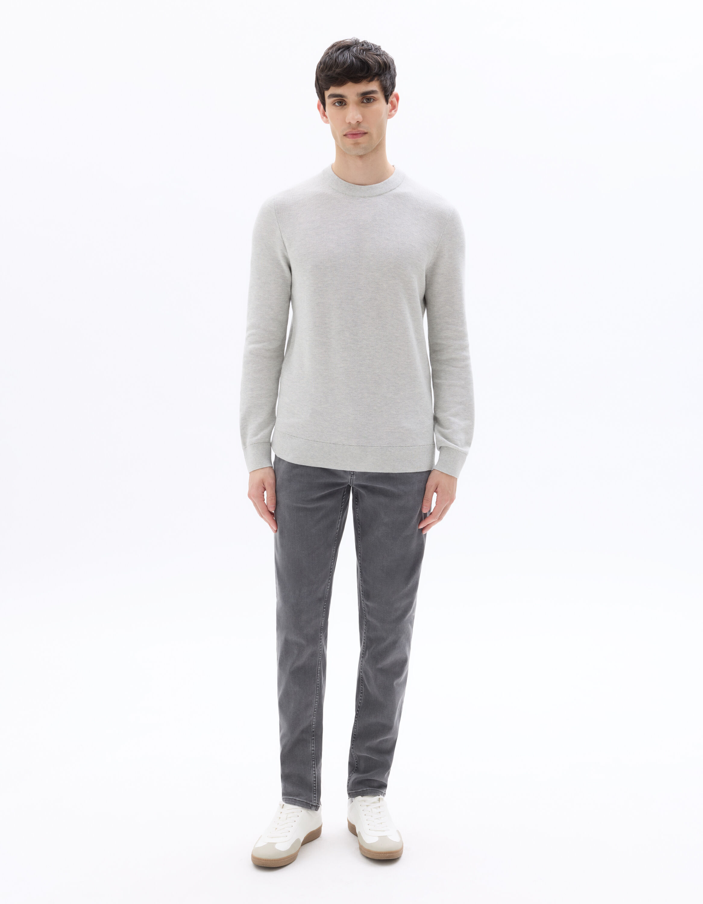 Pull col rond 100% coton - gris mélangé