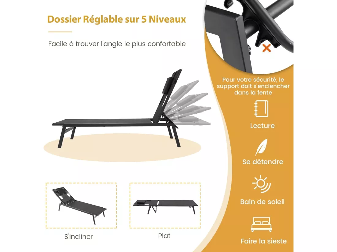 Chaise Longue Pliante, Bain de Soleil en Cadre Métallique, Chaise Longue d'Extérieur avec Trou et Oreillers Amovibles, Transat de Jardin Réglable à 5 Positions pour Piscine, Jardin, Patio