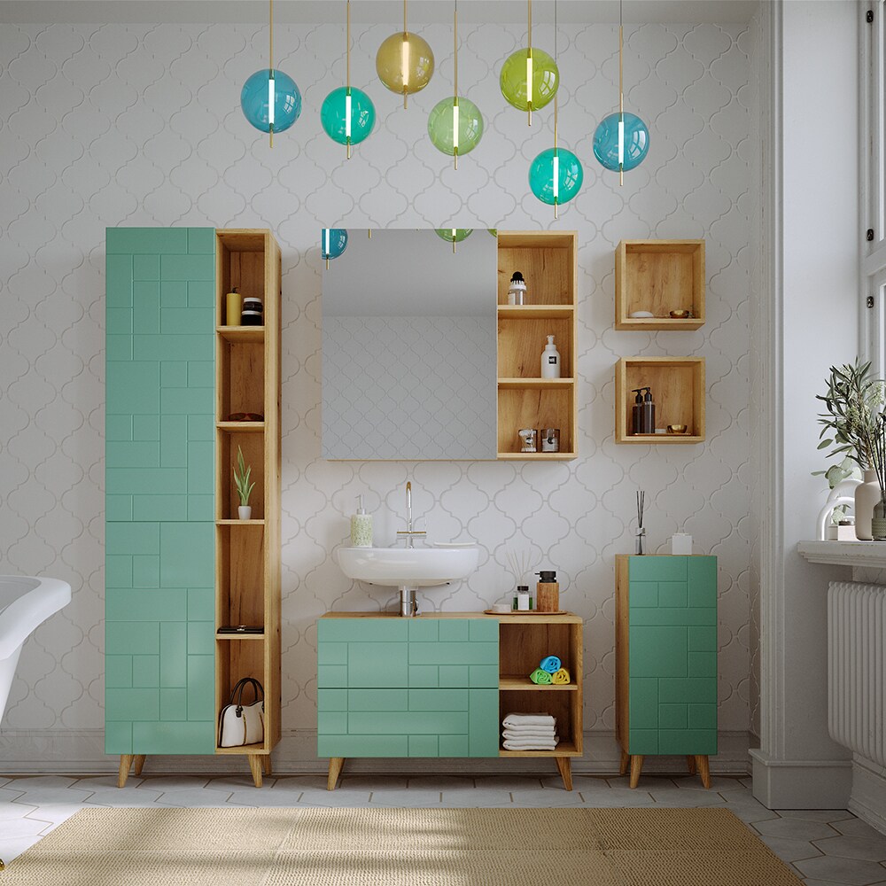 Vicco Badmöbel-Set Rudi in Eiche Evoke Mintgrün, Badezimmer, moderne Badserie Waschbeckenunterschrank Spiegelschrank Midischrank Hochschrank Wandregal