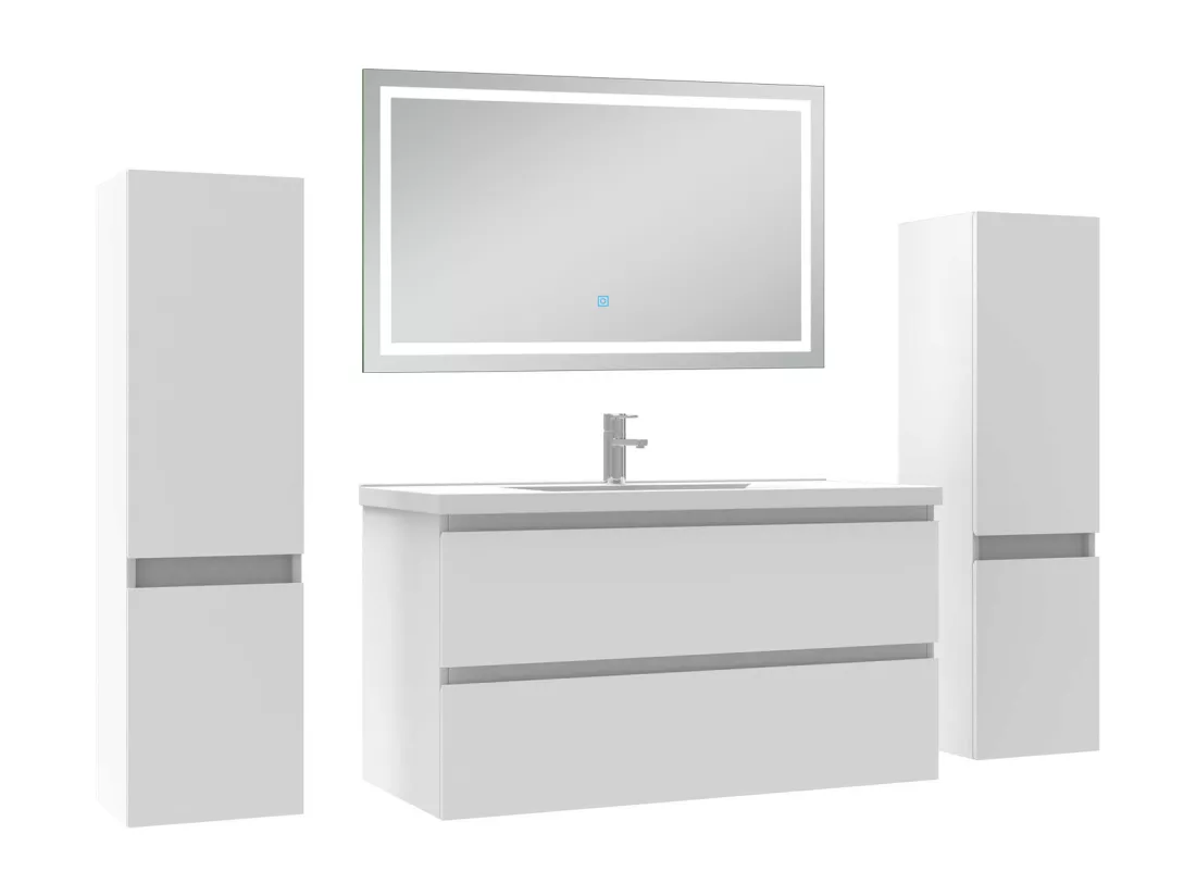 Ensemble meubles Salle de Bain 100cm avec colonne et miroir lumineux 3 couleurs blanc