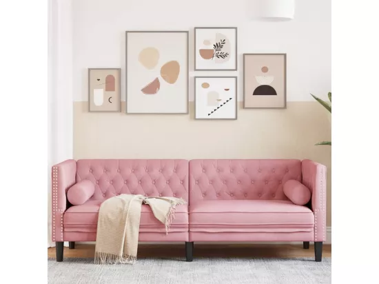 Canapé Chesterfield avec traversins 3 places rose velours