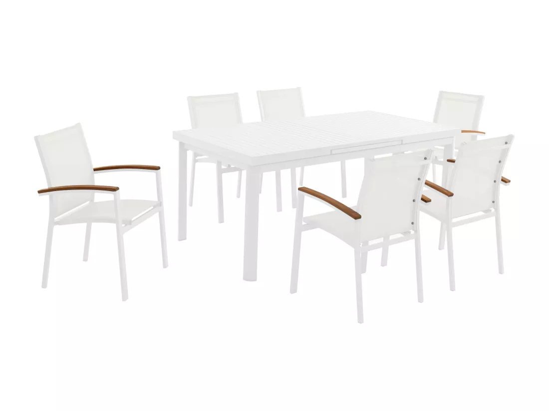 Salle à manger de jardin en aluminium : une table extensible L.180/240cm et 6 fauteuils empilables avec accoudoirs acacia - Blanc - NAURU de MYLIA
