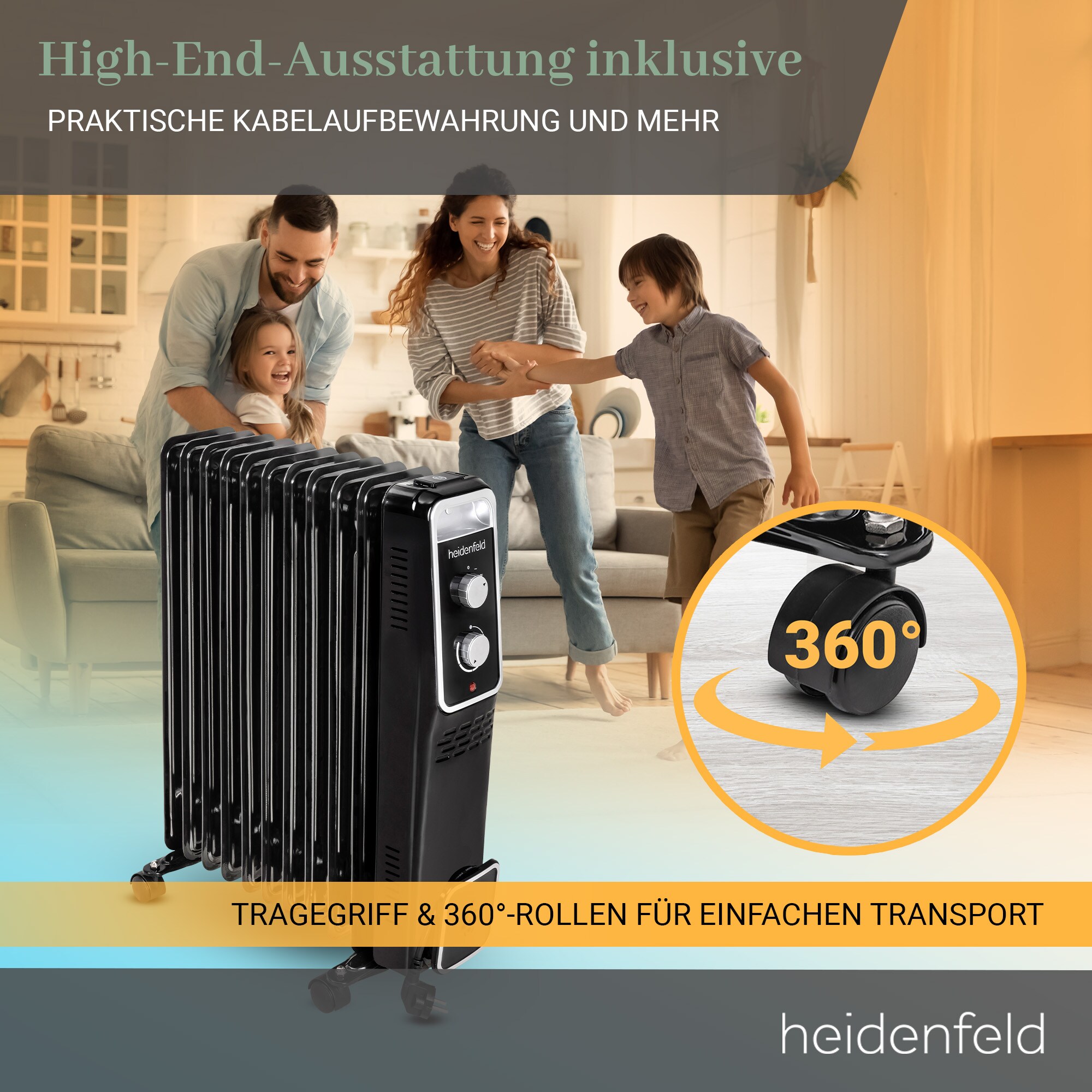 Heidenfeld Ölradiator ÖR100, Thermostat, 1000-2500 Watt, stufenweise Regulierung, 3 Jahre Garantie