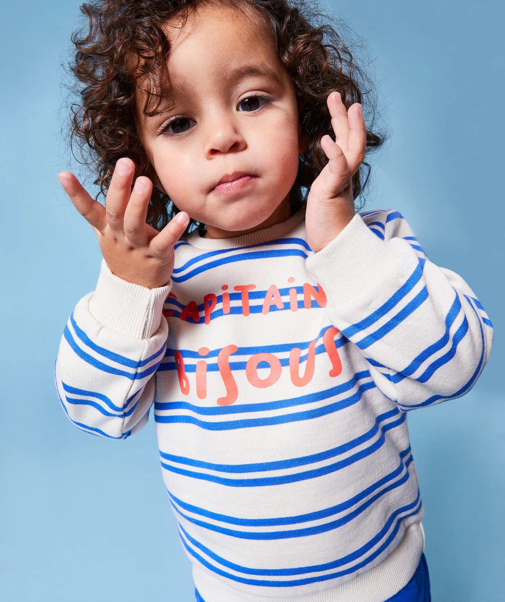 SWEAT BÉBÉ GARÇON EN FIBRES RECYCLÉES IMPRIMÉ RAYÉ THÈME CAPITAINE BISOUS