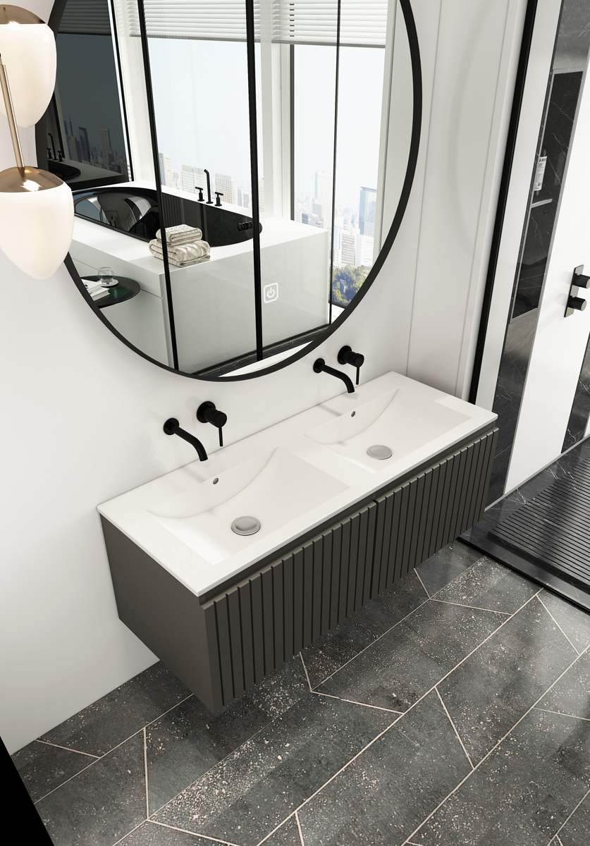 Fontana Lento zwart badmeubel ribbelfront 120cm met witte wastafel zonder kraangaten en ronde spiegel