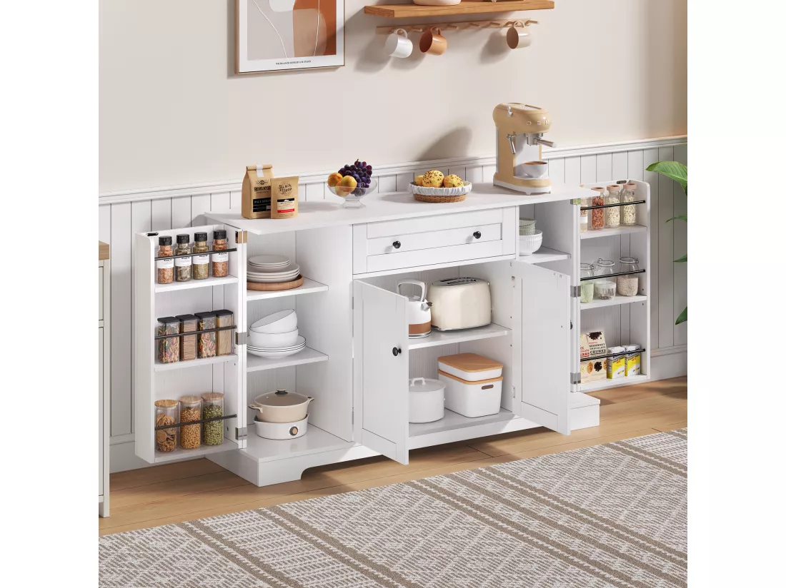 Buffet de cuisine avec 4 portes et 1 tiroir - 138 x 40 x 85 cm - Bois MDF - Tablettes réglables - Blanc