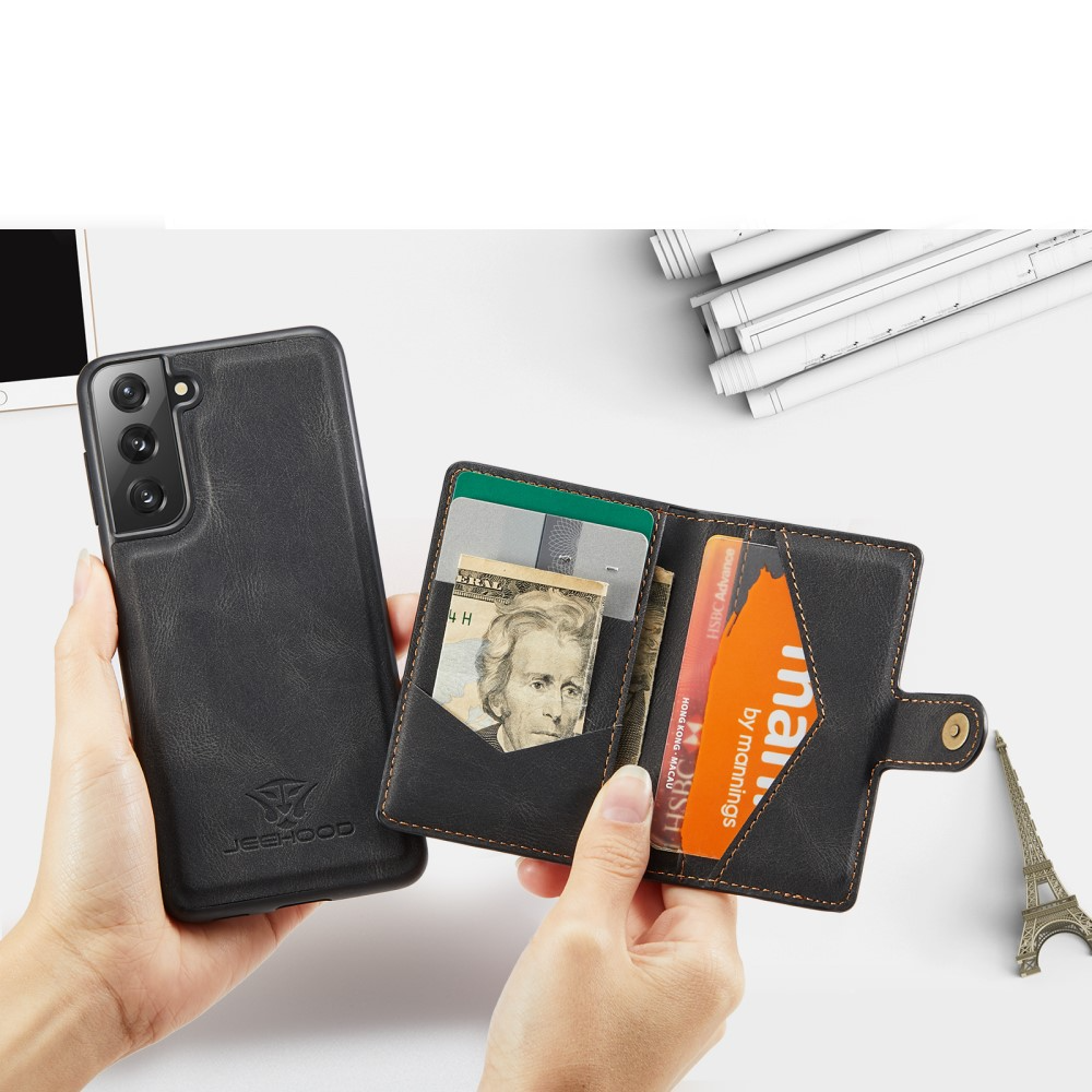 2in1 Samsung Galaxy S21 FE 5G Leder Hülle Wallet   Magnetisches Kreditkartenfach - Schwarz