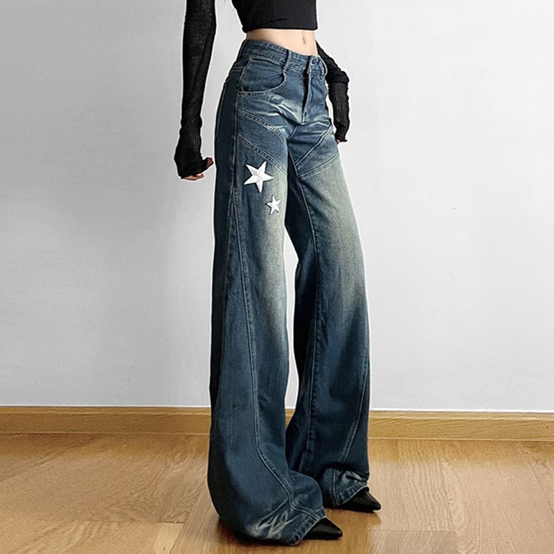 Sosana - Lage taille sterapplicatie gewassen rechte jeans met wijde pijpen