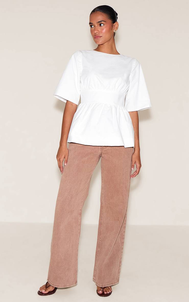 Blanc Chemisier En Coton À Manches Courtes Avec Nœud Dans Le Dos