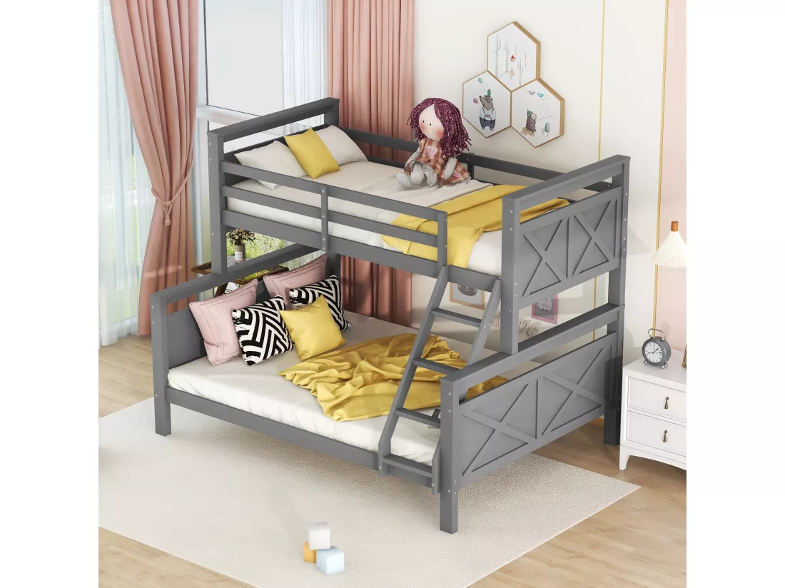 Lit superposé avec échelle et rails, convertible en deux lits séparés, 90(140)x200 cm, gris