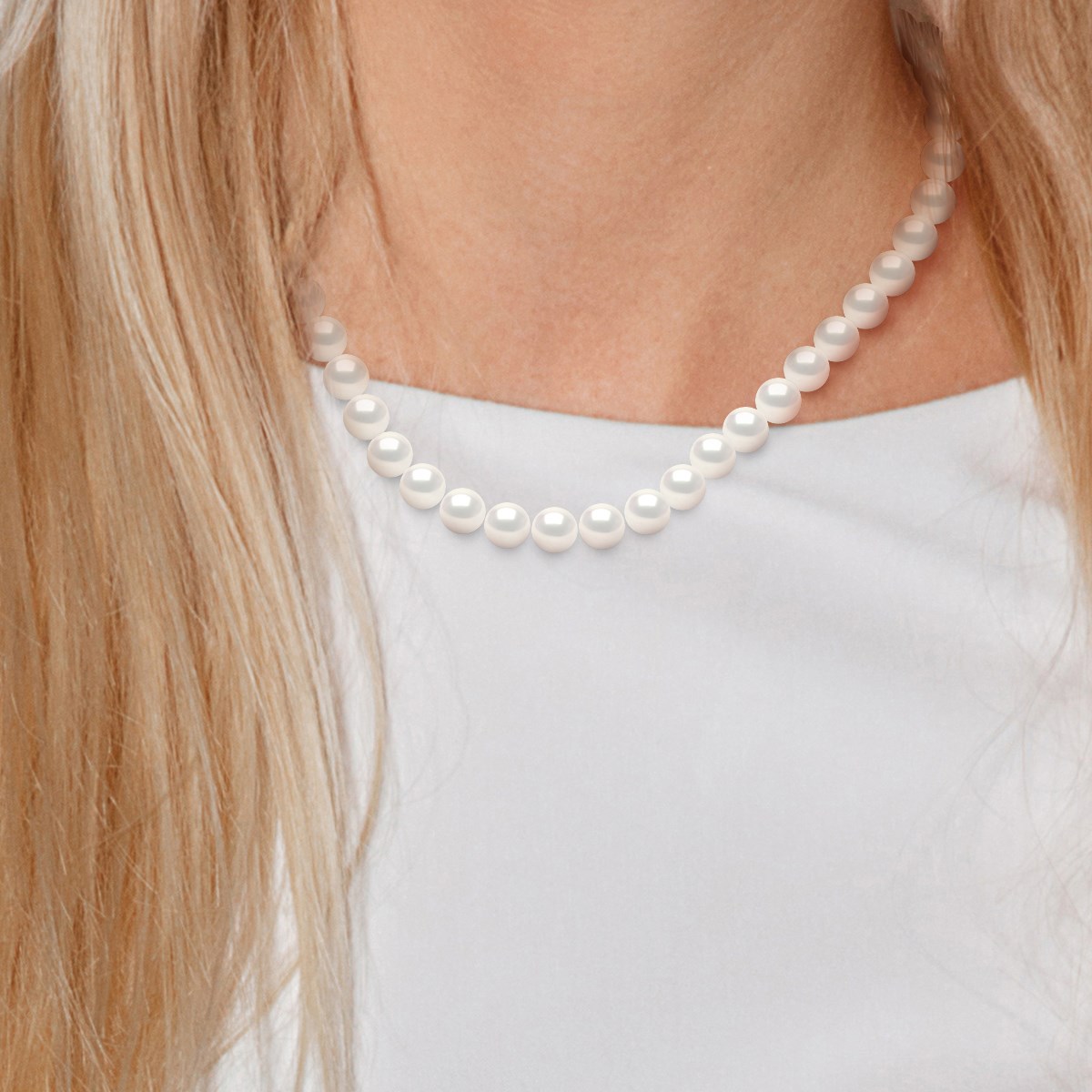Collier Rang PRINCESSE Perles d'Eau Douce Rondes 9-10 mm Blanches Fermoir Prestige Or Jaune