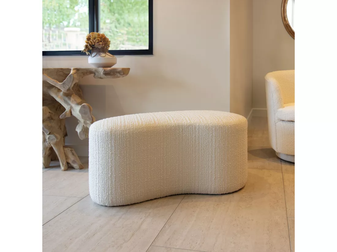 Now's Home - Banc Incurve Bouclette Ecru Sturcture Bois 101x56x47cm Malo