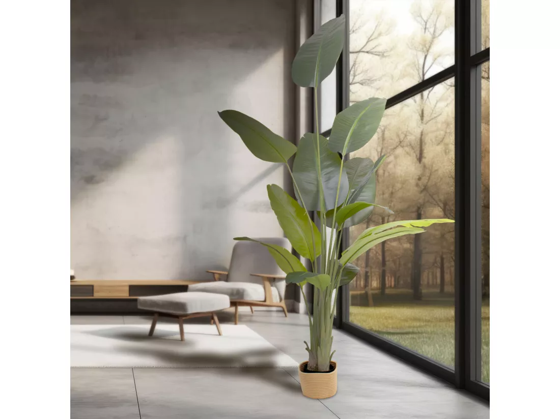 Traveller Banana 210 - Plante artificielle décorative de bananier tropical H210 cm pour l'intérieur et l'extérieur avec pot Beige