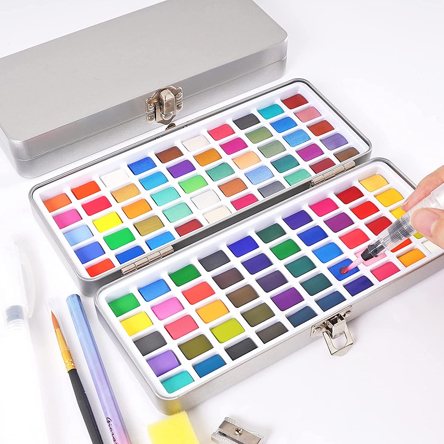(6-tlg. Set) Künstler Aquarell Malkasten Wasserfarben Palette inkl. Wassertank Pinsel / Bleistift - Bunt