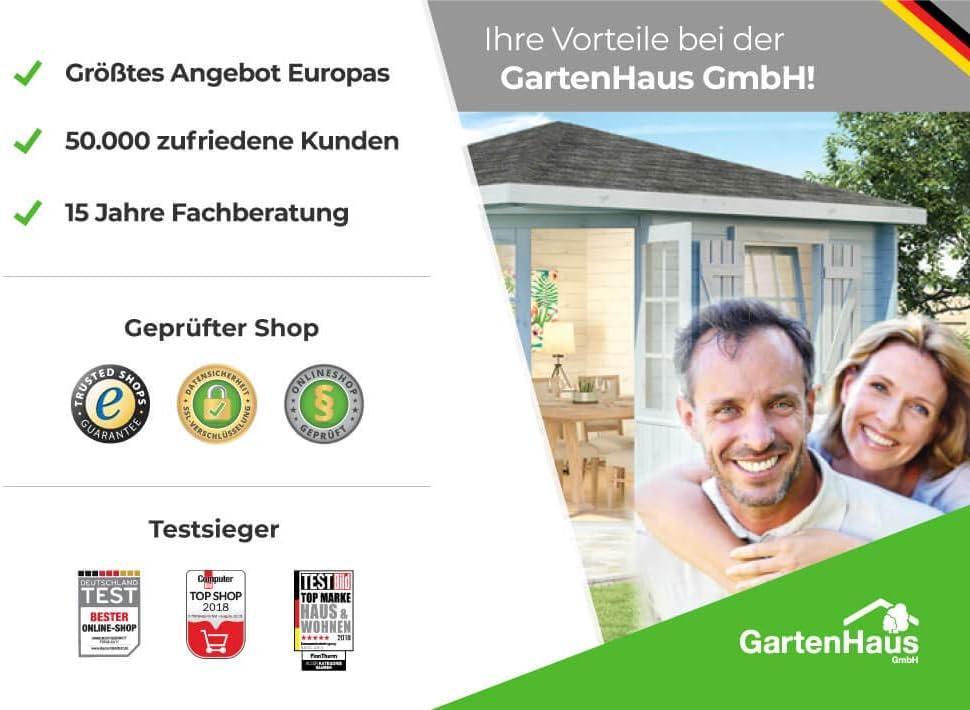 Gartenhaus EVERE aus Fichten-Holz, Gerätehaus mit 19 mm Wandstärke, Garten Holzhaus inklusive Montagematerial, Metalldach, Geräteschuppen 330 x 270cm mit Satteldach