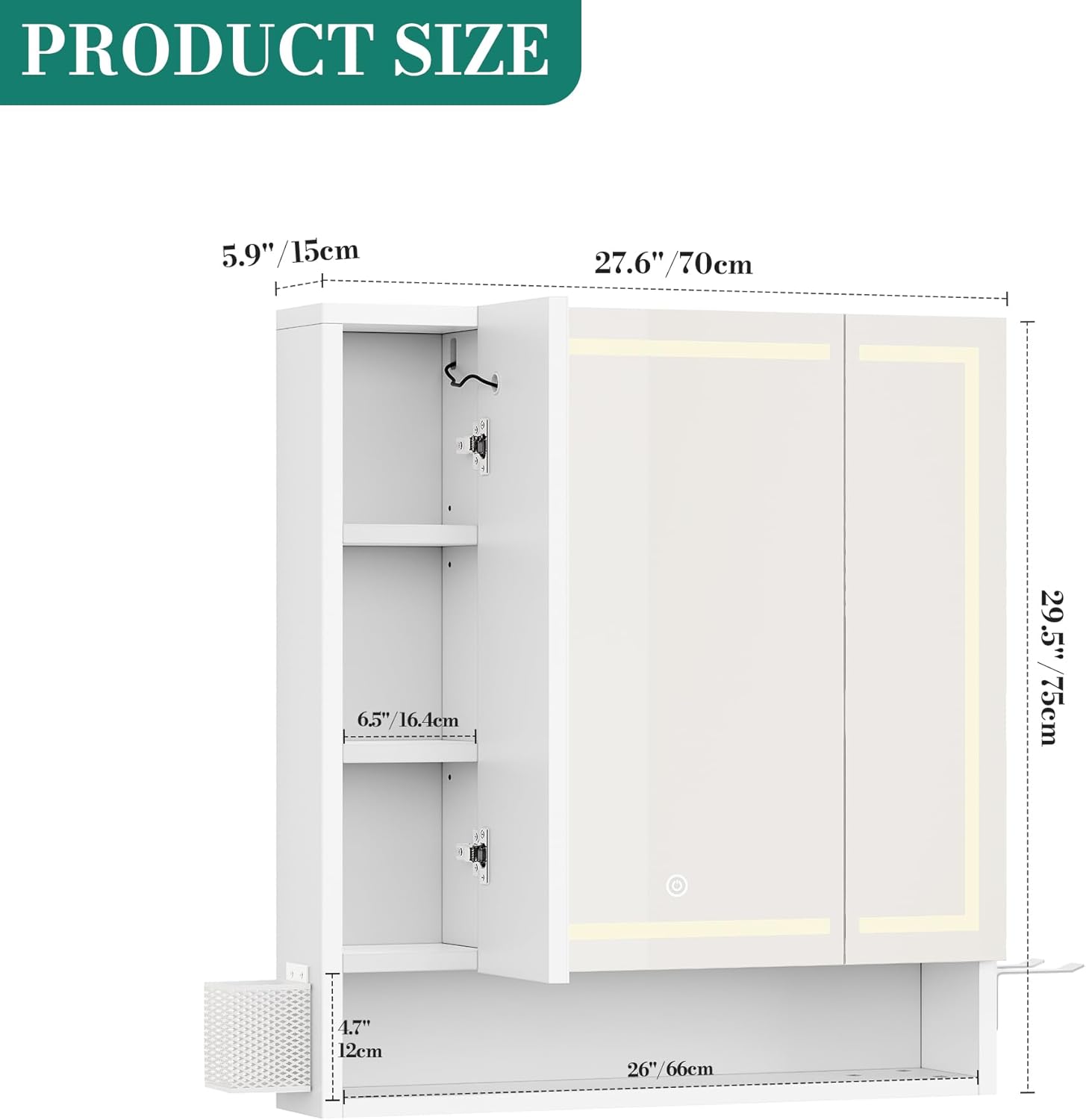 YITAHOME Spiegelschrank Bad mit Beleuchtung, 3 Türen LED Badezimmer Spiegelschrank, Steckdosen, Hängender Badezimmerschrank, Wandschrank, Badezimmerspiegel, 70W x 15D x 75H cm, Weiß