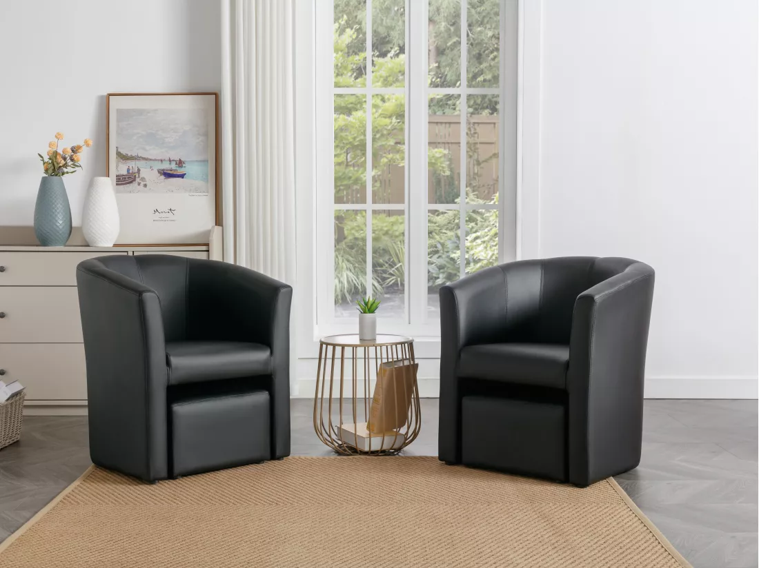 Fauteuil cabriolet et pouf en simili noir JOVANA