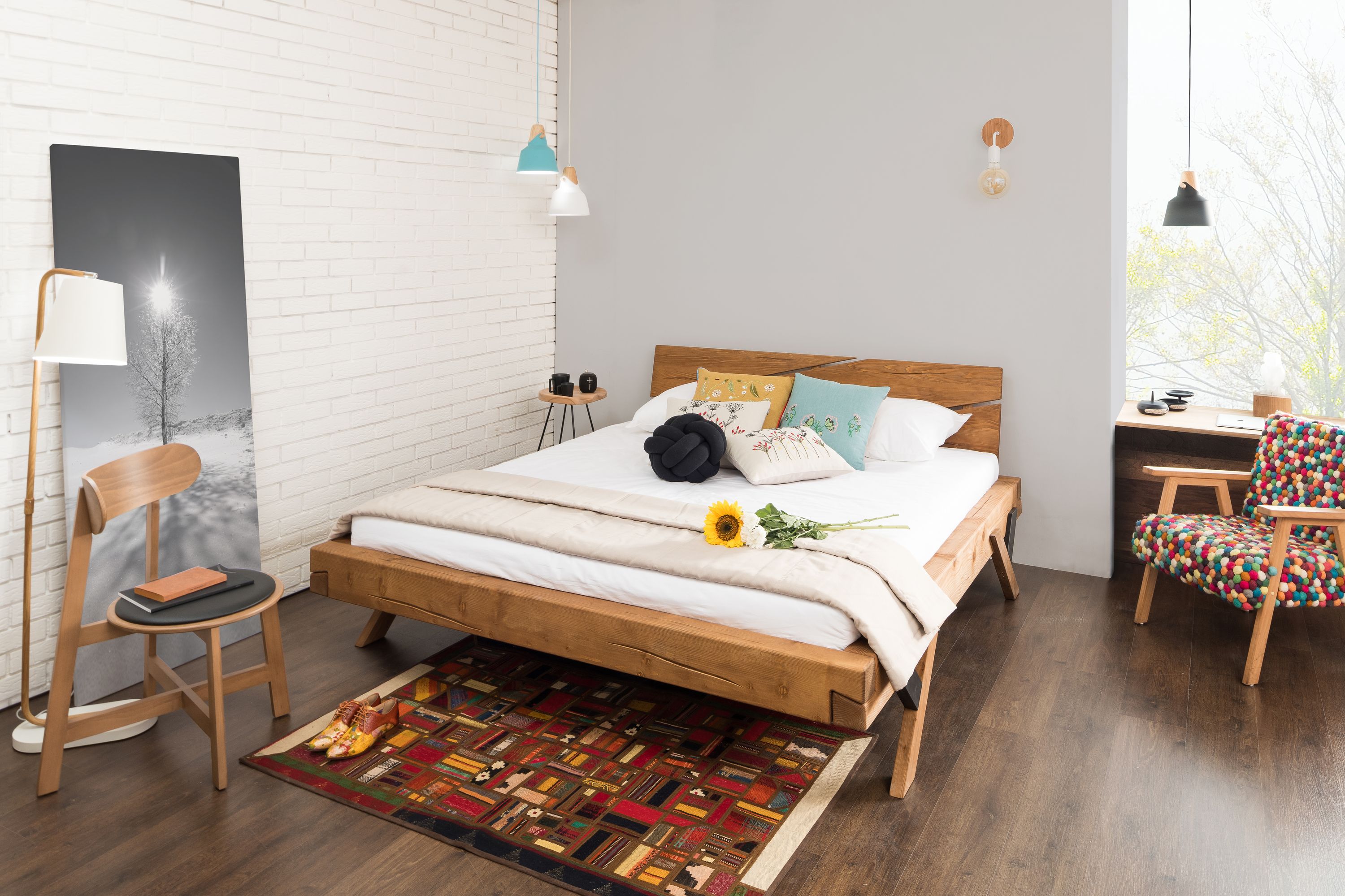 Balkenbett 140 x 200cm Massivholz Bettgestell Doppelbett Ehebett Bettrahmen