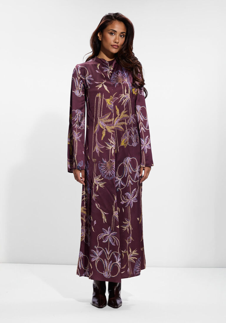 bordeaux forte forte maxi jurk sogni print envers satin long sleeves dress