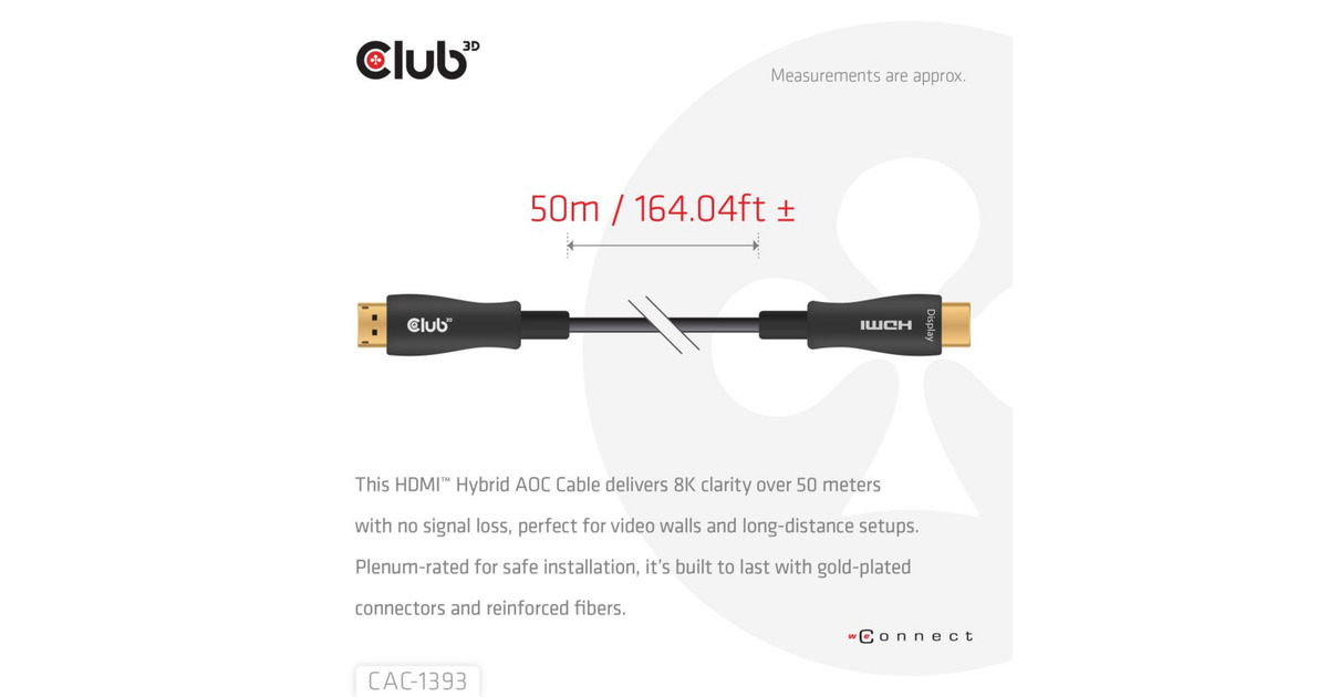 Club 3DHDMI Hybrid AOC kabel 8K60Hz/4K120Hz 50m  (Zwart)