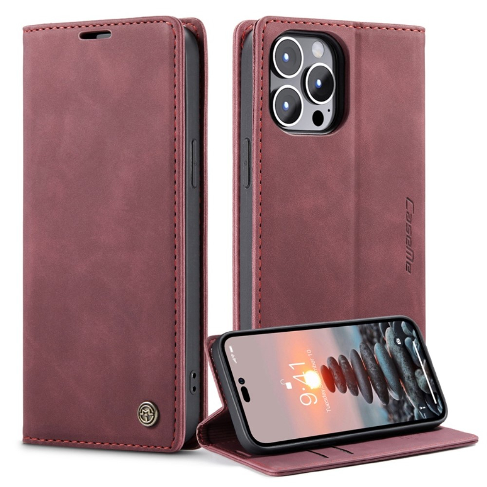iPhone 14 Pro Leder Tasche Flip Wallet Etui mit Kartenfächern - Dunkelrot