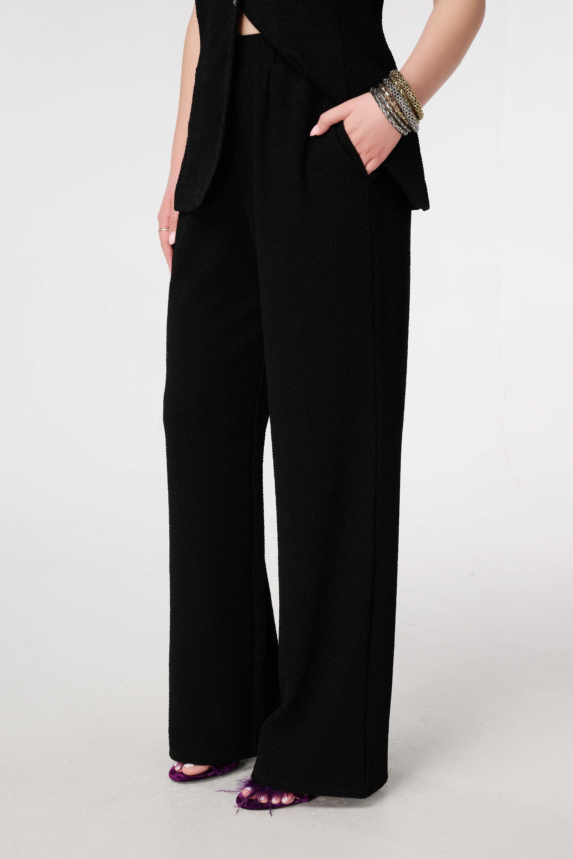 Broek met lurex en elastische tailleband Zwart