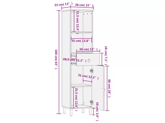 Armoire de salle de bain 38x33x160 cm bois massif de manguier