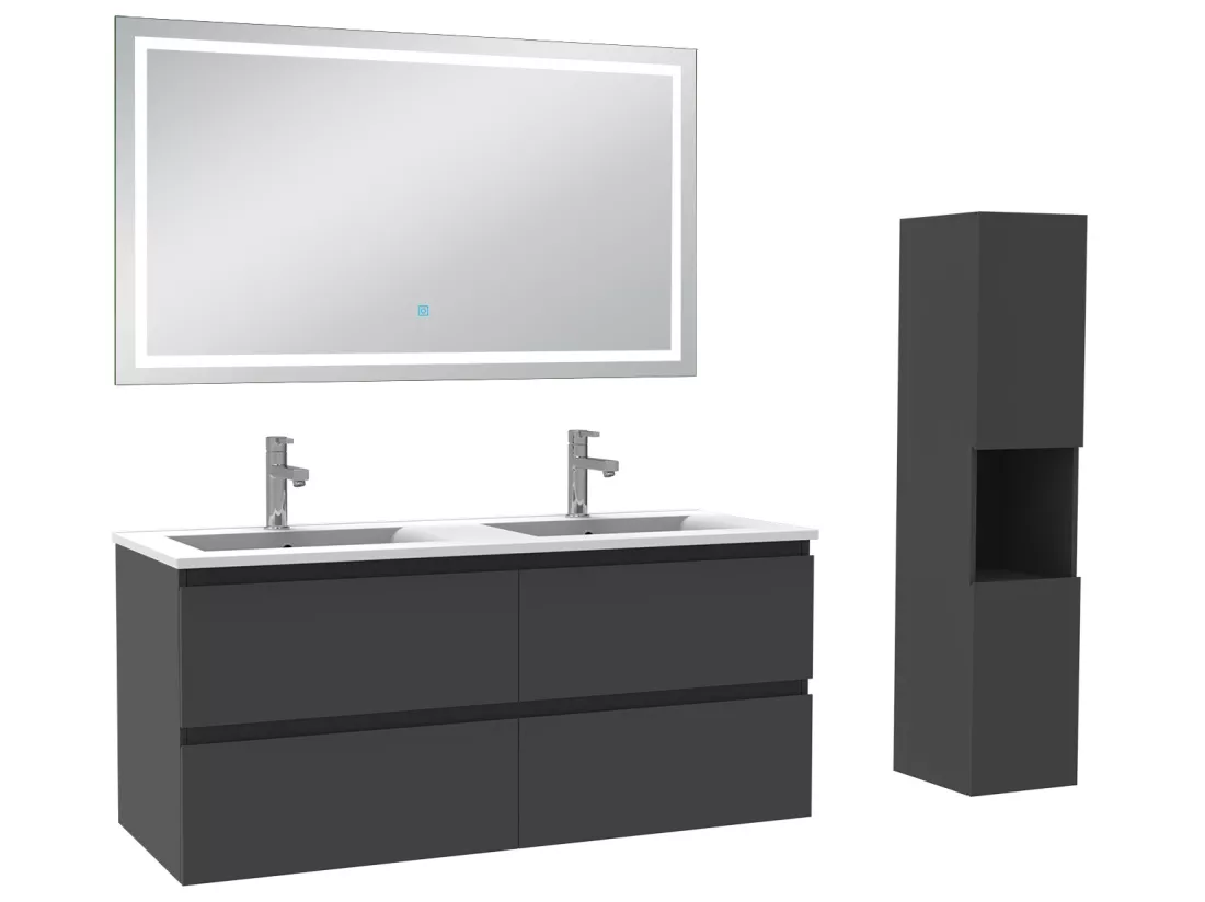 Ensemble meubles double vasque 120cm, colonne + miroir lumineux Anthracite - Aica