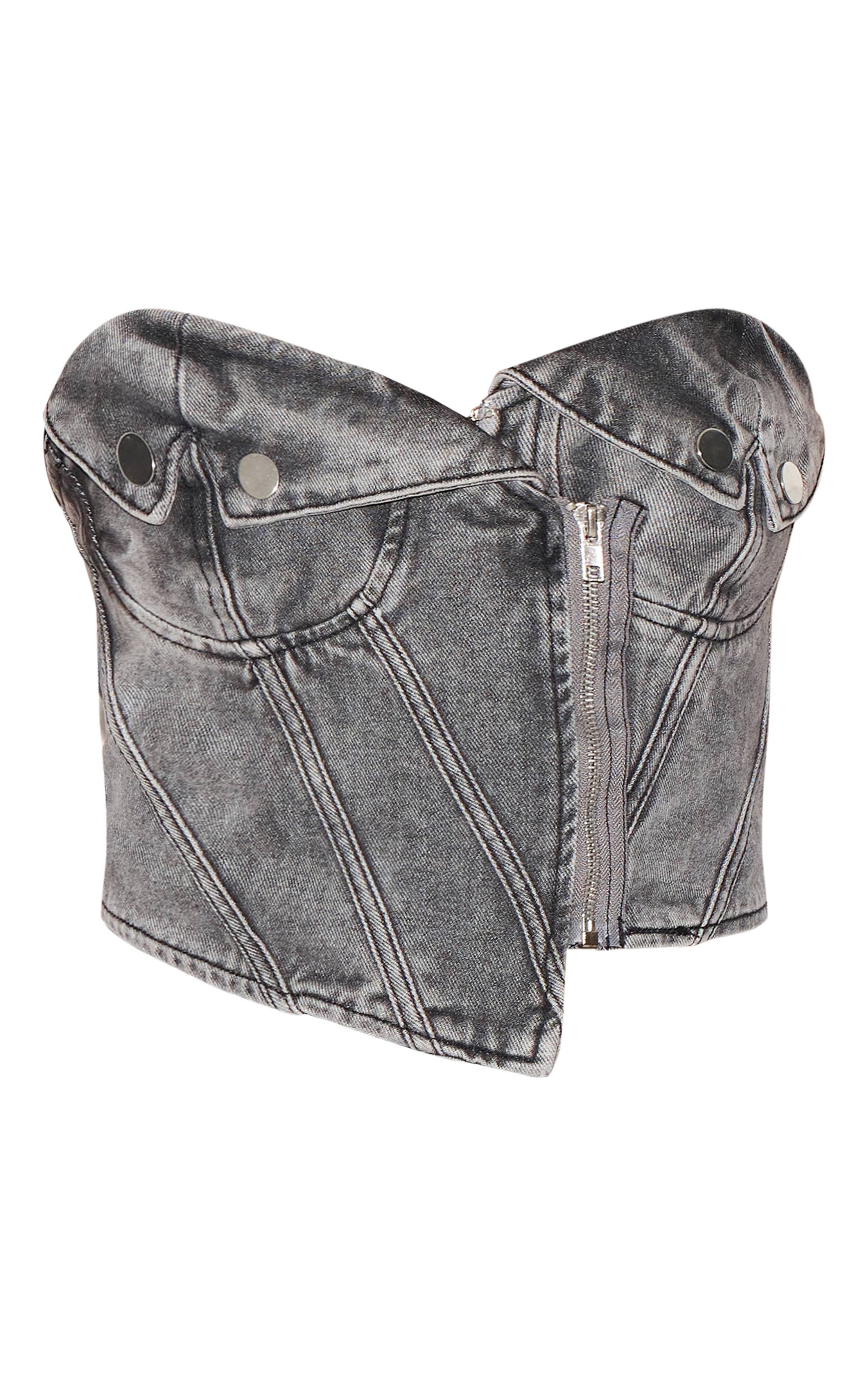 Washed Grey Top En Denim Gris Délavé Avec Détail Bonnets Style Motard