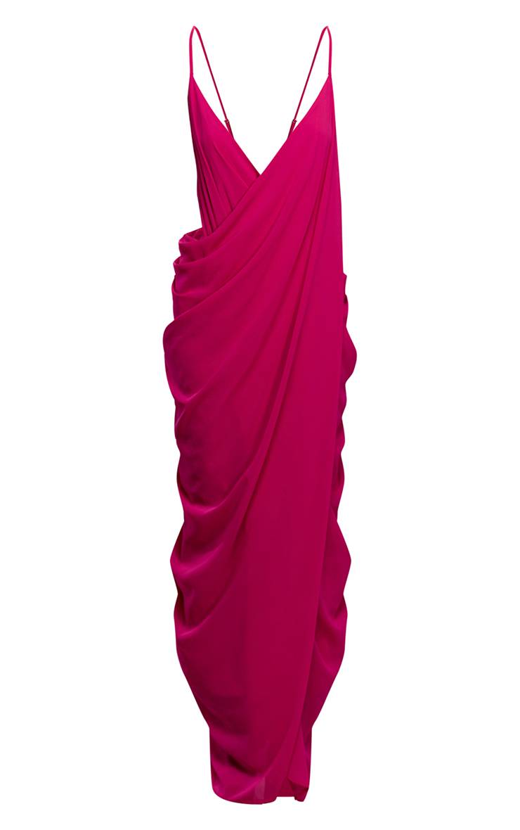 Rose Fuchsia Robe Longue Dos Nu En Mousseline Fuchsia À Décolleté Plongeant Drapé Et Fendu Devant