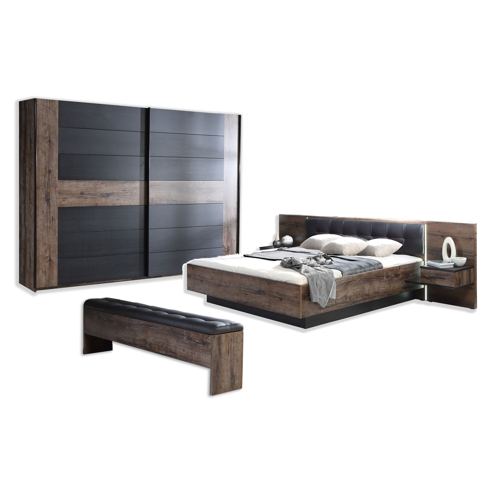 3-teiliges Schlafzimmer-Set - Schlammeiche-Schwarzeiche