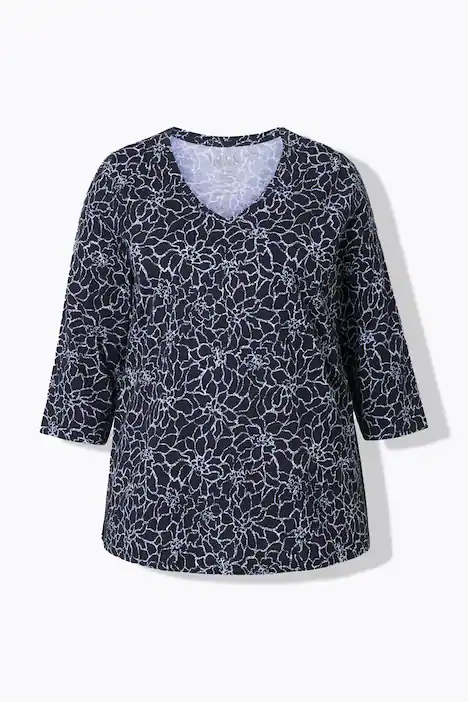 Longshirt, A-Linie, V-Ausschnitt, 3/4-Arm, schwarz