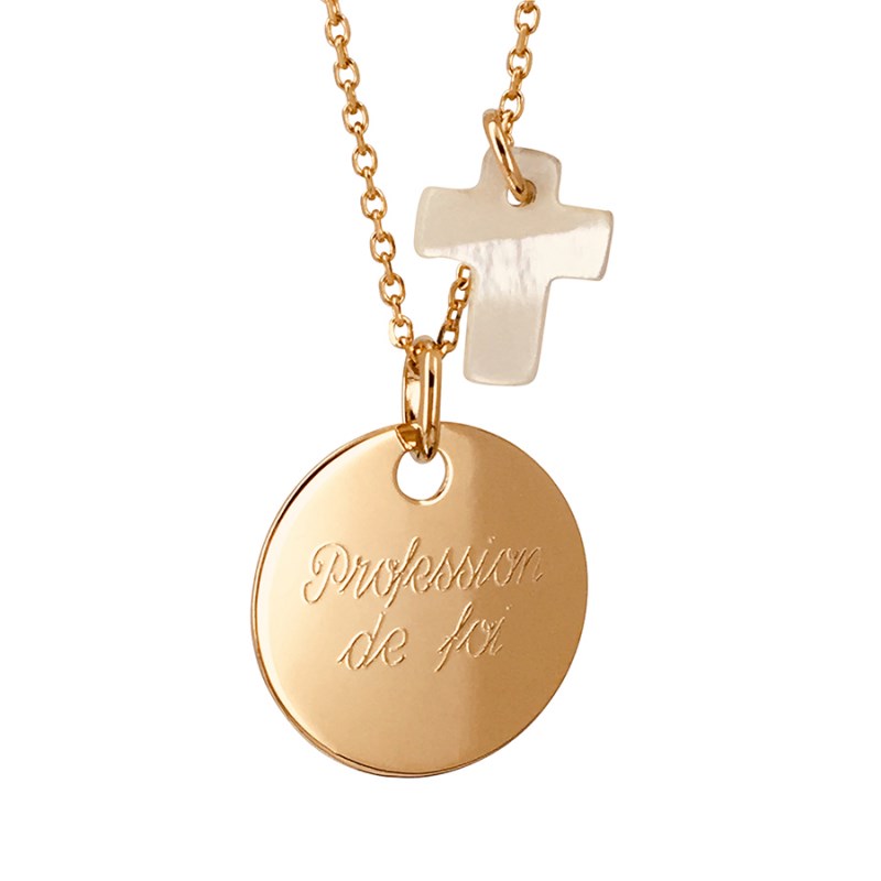 Collier enfant médaille et nacre plaqué or 3 microns