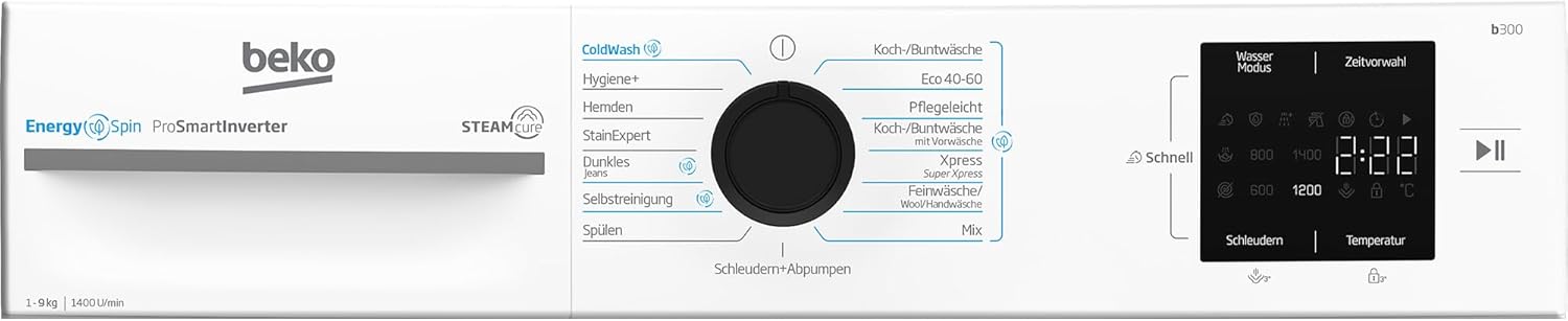 Beko BM3WFU3941X freistehende Waschmaschine, Waschvollautomat, 9 kg, EnergySpin, Schleuderwahl 1400 U/min, Hygiene+ allergikergeeignet, Coldwash Wasser-& Zeitersparnis, Weiß
