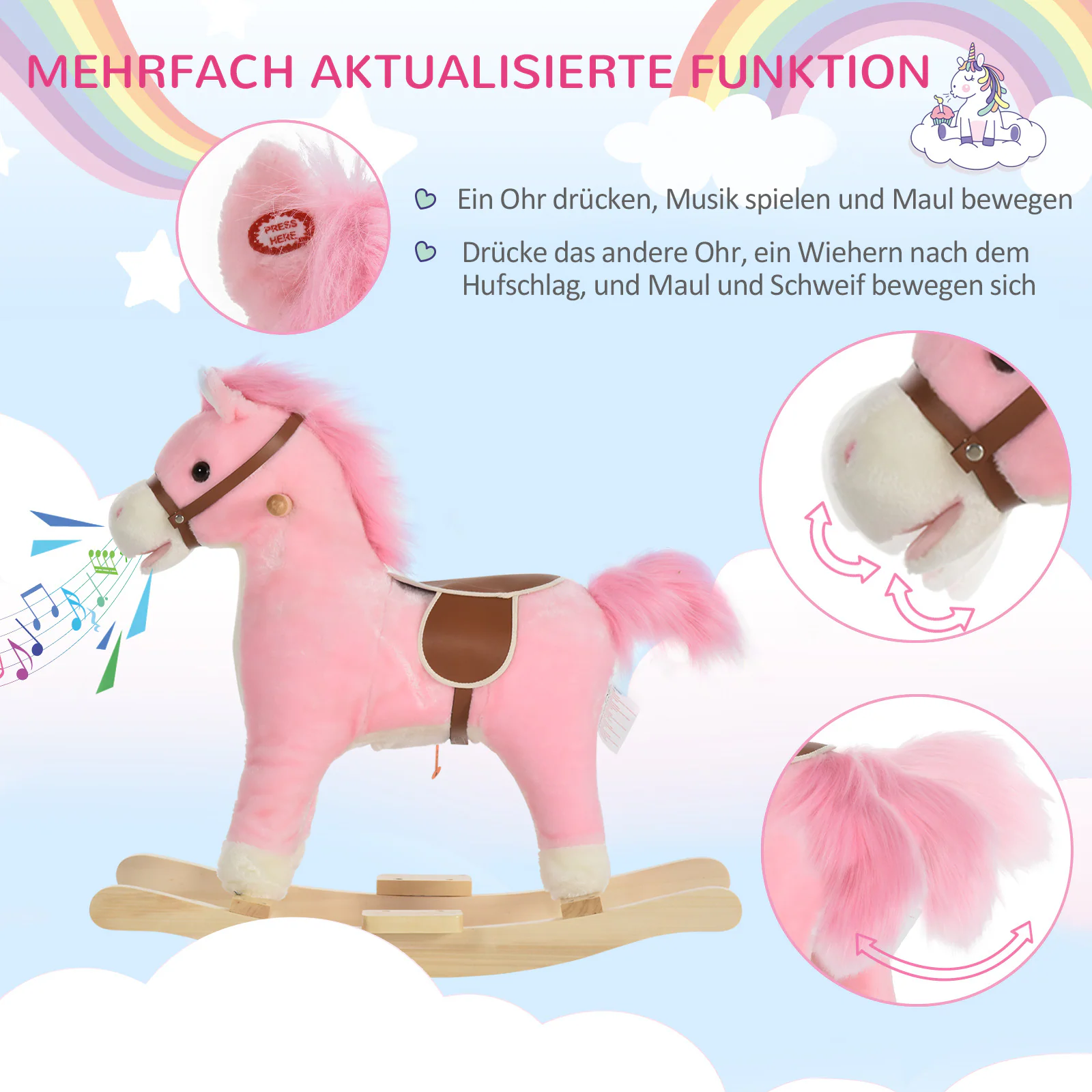 HOMCOM Kinder Schaukelpferd mit Tiergeräusche 65 x 32,5 x 61 cm (LxBxH)