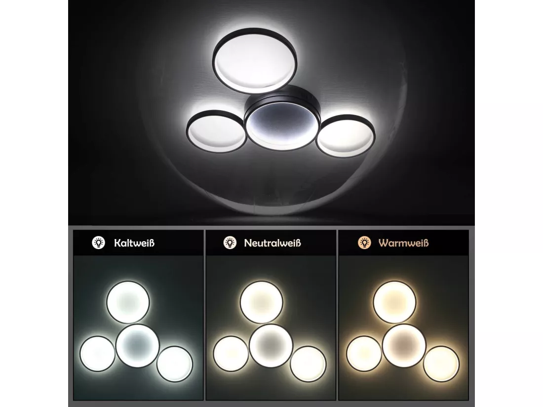 NETTLIFE Plafonnier LED noir dimmable avec télécommande design moderne 4 anneaux 52W intérieur en aluminium pour salon salle à manger chambre d'enfant
