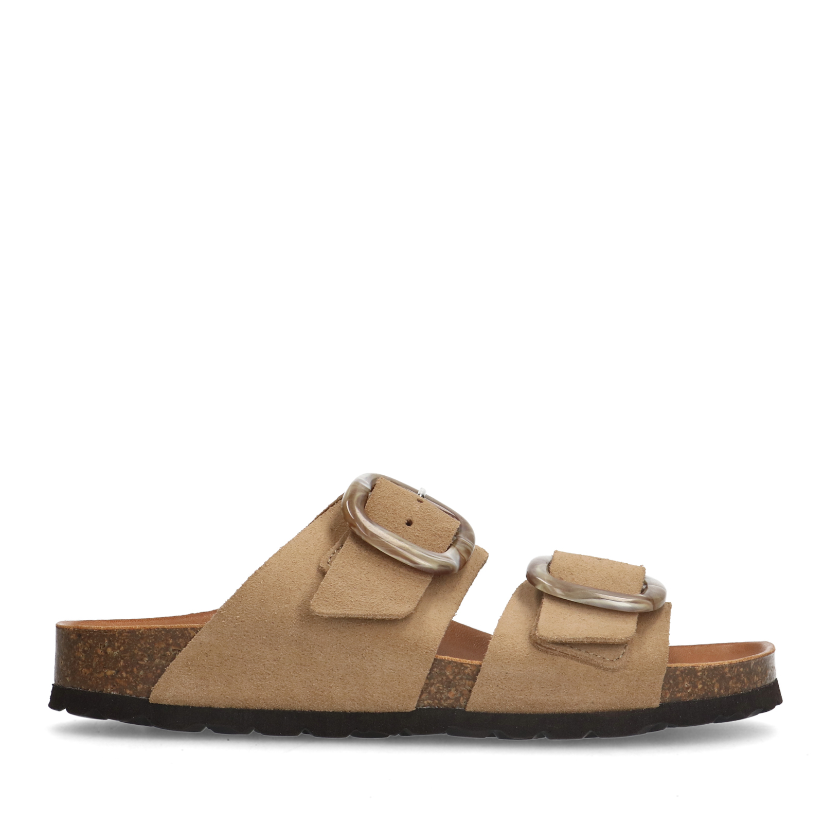 Beige suède slippers met gesp