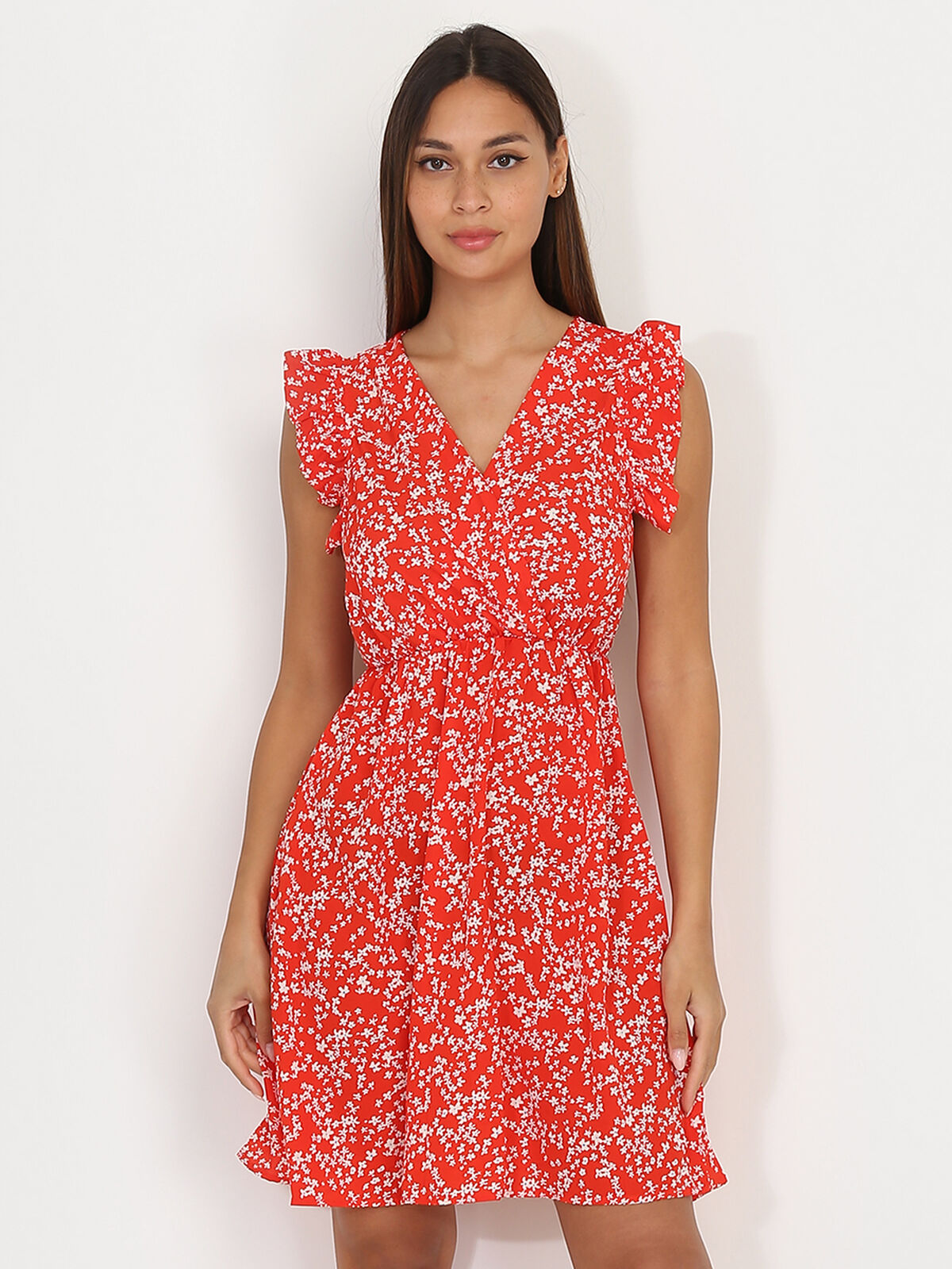 Robe évasée à fleurs et volants- Rouge