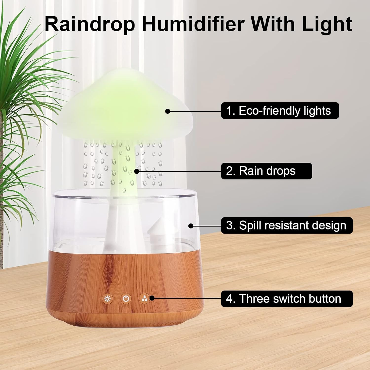 (450ml) USB Pilz Luftbefeuchter Wassertropfen Aroma Öl Diffuser Regen Wolke mit LED Beleuchtung inkl. Fernbedienung - Weiss / Braun