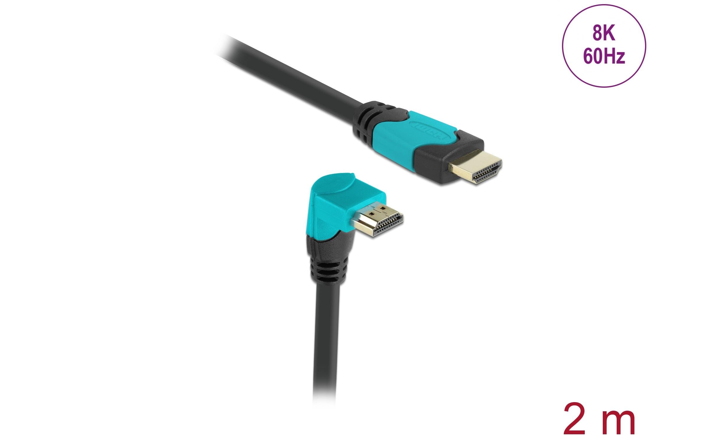 Kabel Unten gewinkelt 8K 60Hz HDMI - HDMI, 2 mDelock High Speed HDMI Kabel Stecker gerade zu Stecker 90° unten gewinkelt 48 Gbps 8K 60 Hz 2 m
